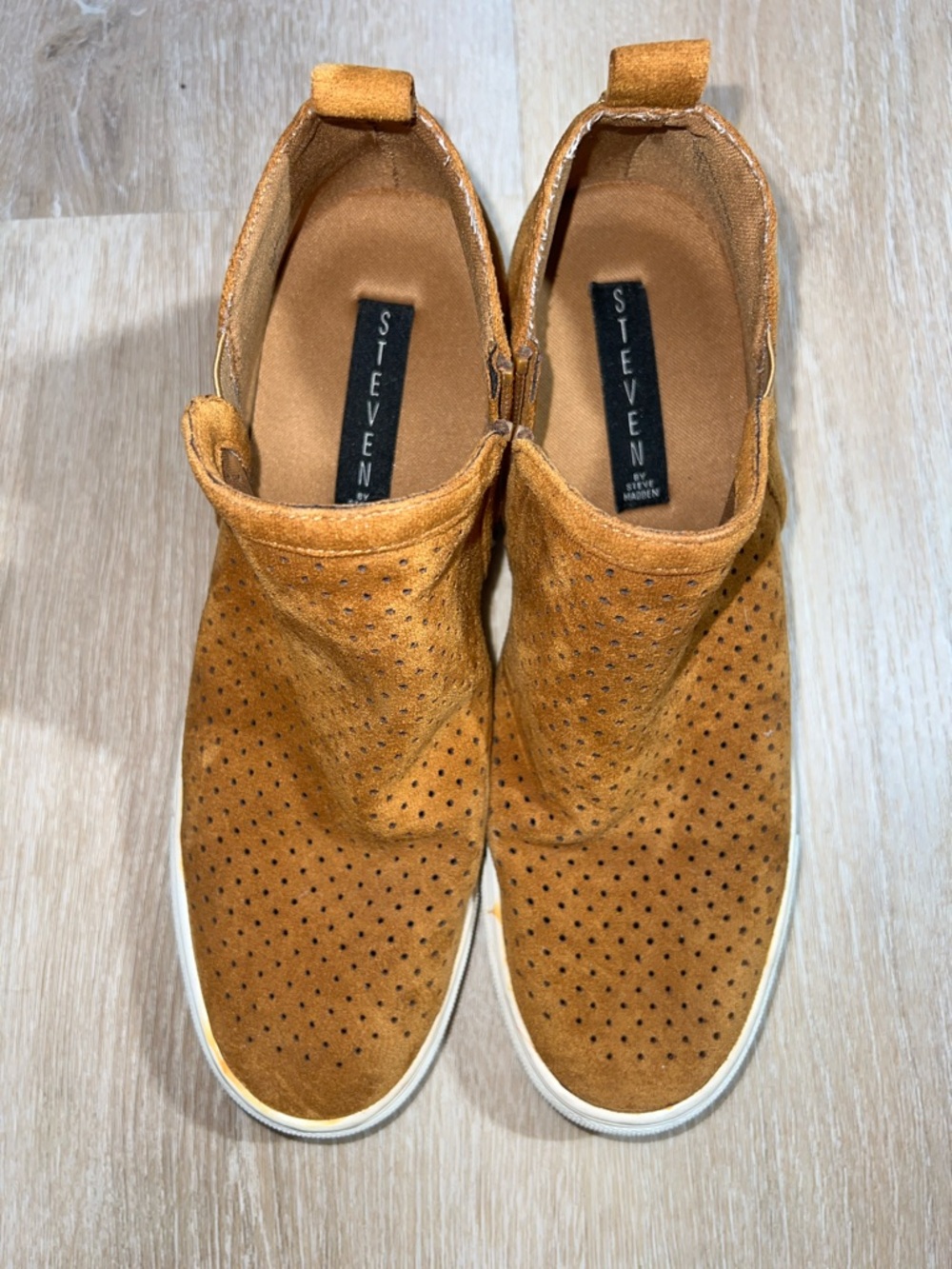 Steven By Steve Madden Perforated Suede Slip-On Sneaker wedges in Cognac Brown